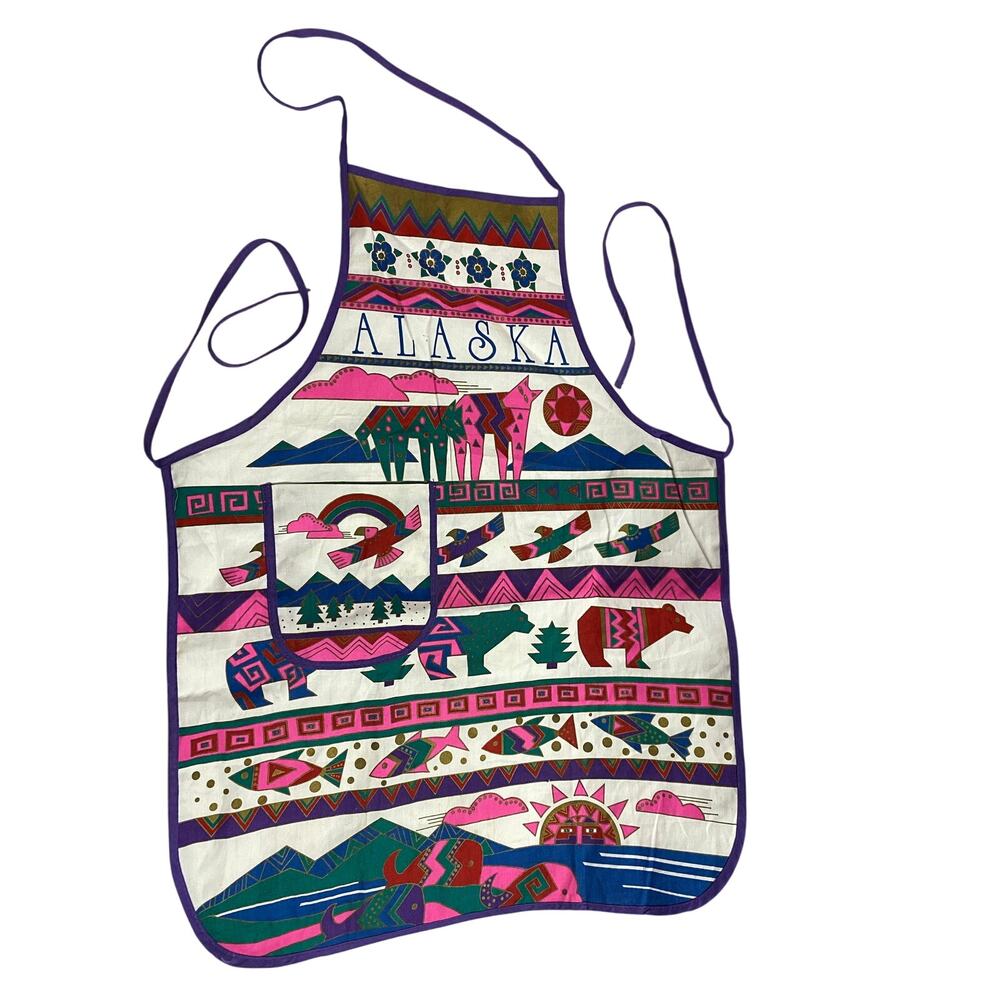 Vintage Alaska Apron – Colorful Nature & Wildlife Print with Purple Trim Bears